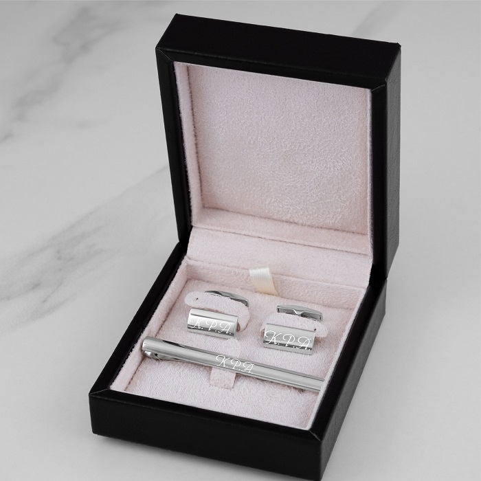Подарочный набор из серебра запонки и зажим для галстука "Gallant" с гравировкой